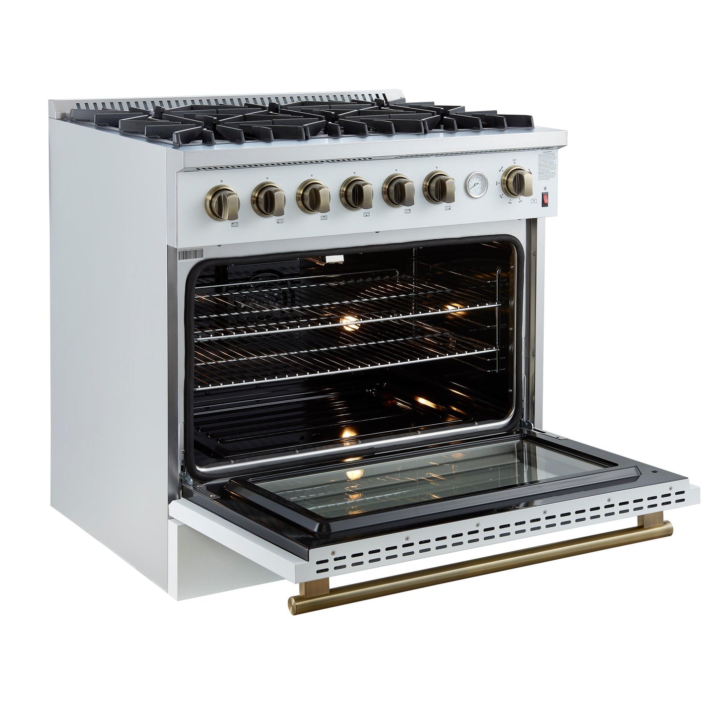 Forno FFSGS627736WHT Marco 36-Inch Gas Range White & Antique Brass Design, 6 Burners 67,000 Btu, 5.36 Cu.Ft. Convection Oven