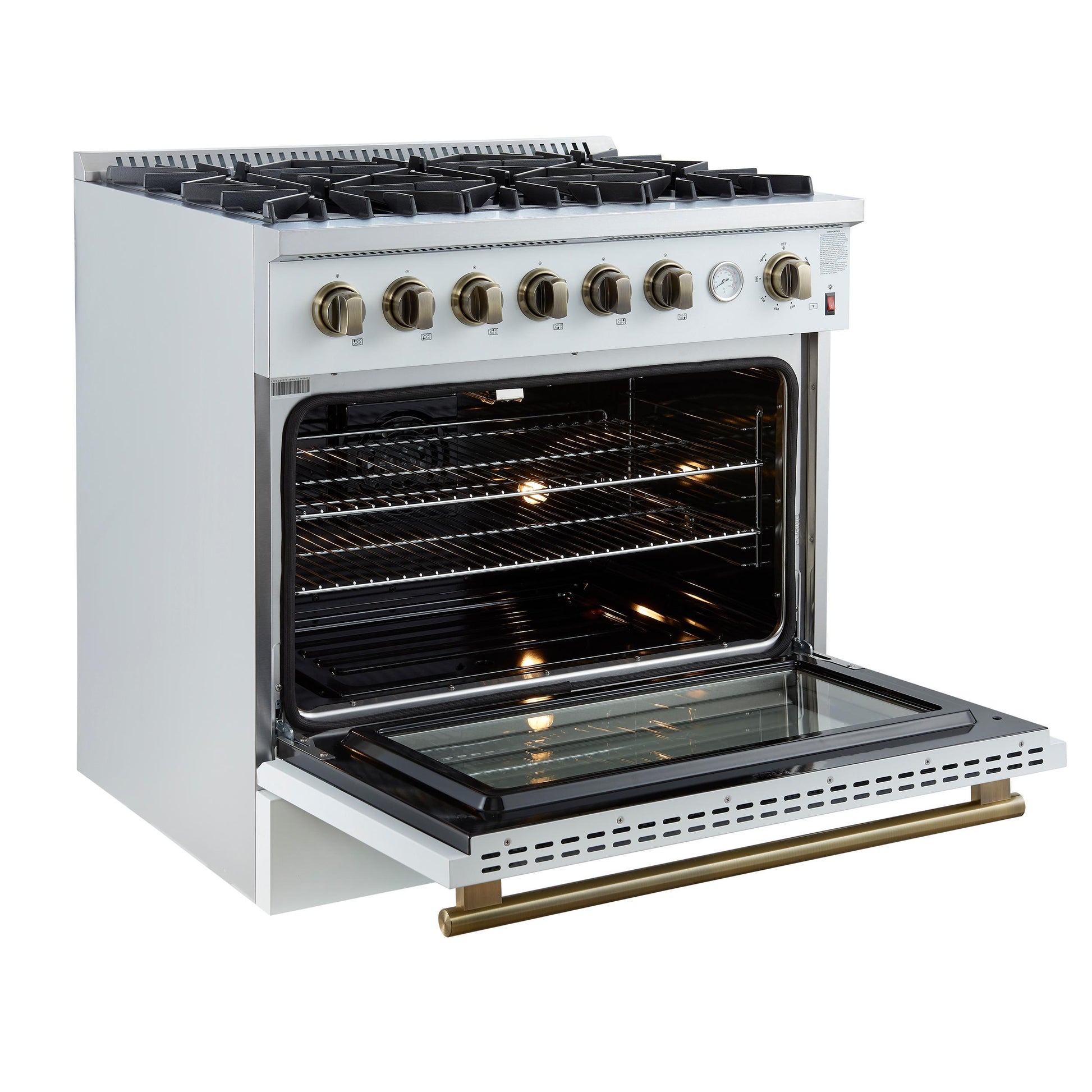 Forno FFSGS627736WHT Marco 36-Inch Gas Range White & Antique Brass Design, 6 Burners 67,000 Btu, 5.36 Cu.Ft. Convection Oven