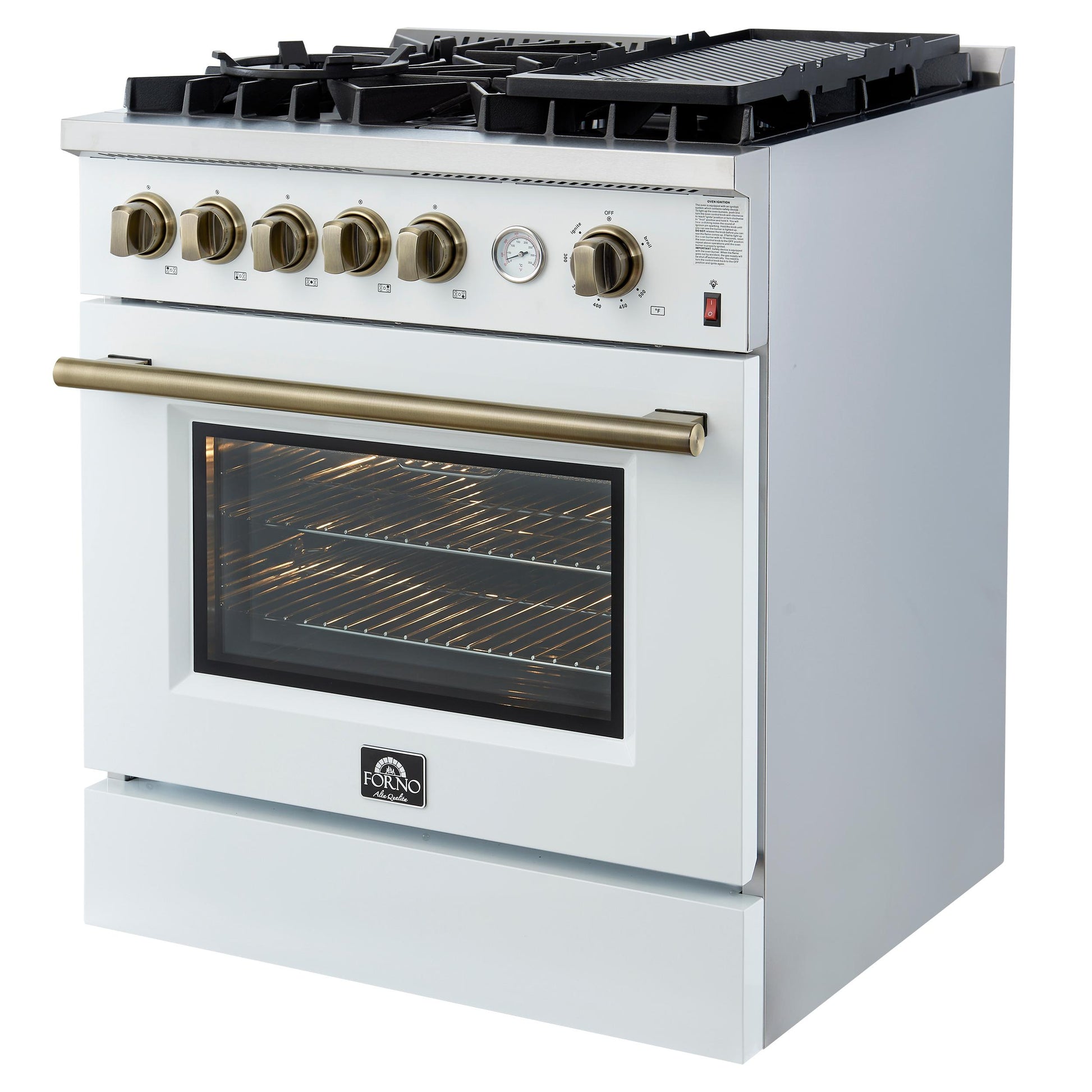 Forno FFSGS627430WHT Giovanni 30-Inch Gas Range White & Antique Brass Design, 5 Burners 67,000 Btu, 4.32 Cu.Ft. Convection Oven