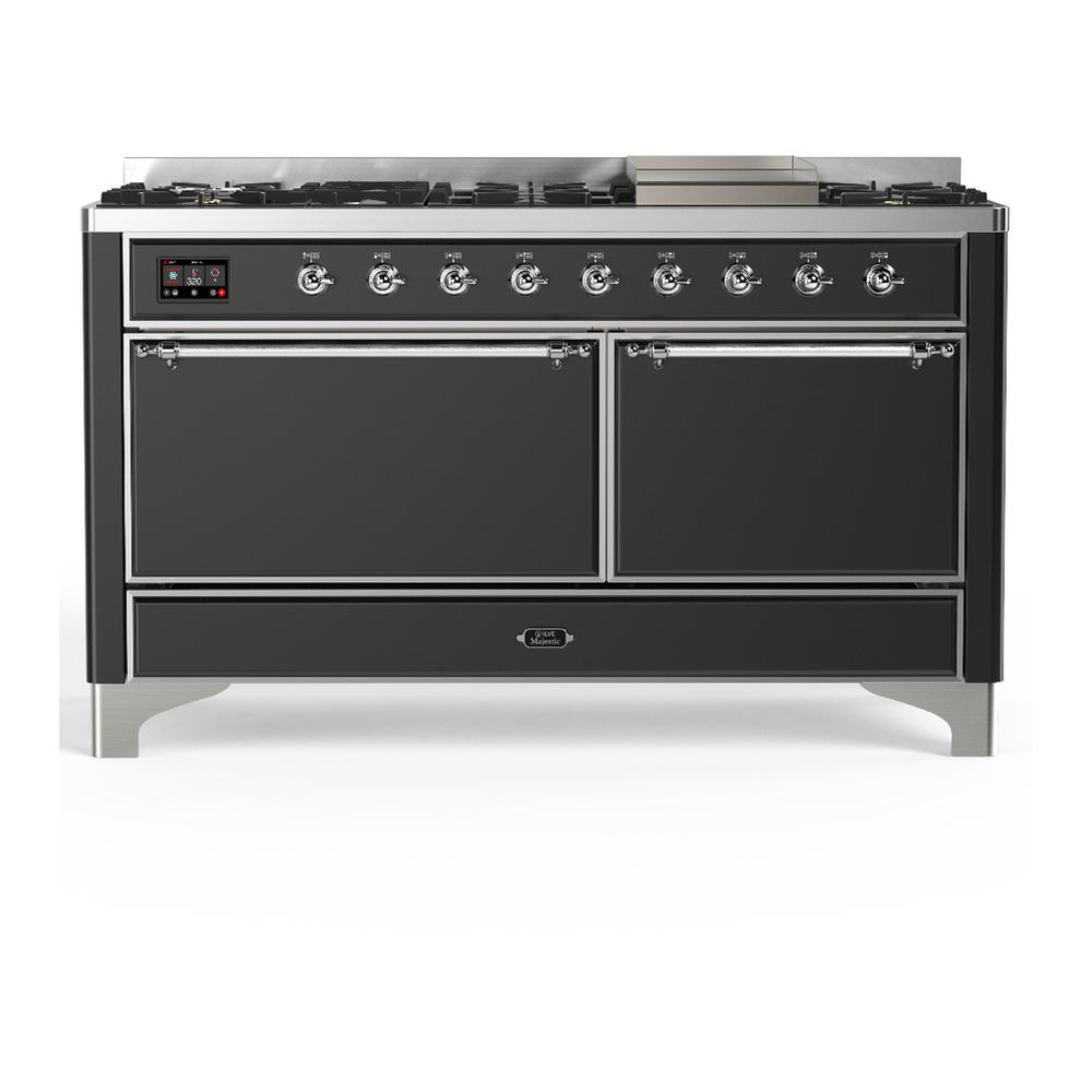 Ilve UM60FQNR3MGCLP Ilve Um60Fqnr3Mgclp Majestic Iii 60 Inch Dual Fuel Range With 9 Burners And Griddle, Dual Function Burner Up To 25,000 Btu (Liquid Propane, Solid Door, Graphite Matte, Chrome)