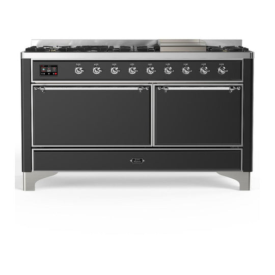 Ilve UM60FQNR3MGCLP Ilve Um60Fqnr3Mgclp Majestic Iii 60 Inch Dual Fuel Range With 9 Burners And Griddle, Dual Function Burner Up To 25,000 Btu (Liquid Propane, Solid Door, Graphite Matte, Chrome)