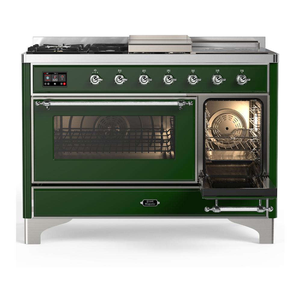 Ilve UM48FSNR3EGC Ilve Um48Fsnr3Egc Majestic Iii 48 Inch Dual Fuel Range With 5 Black Brass Burners, Griddle And French Top, Dual Function Burner Up To 25,000 Btu (Natural Gas, Triple Glass Door, Emerald Green, Chrome)