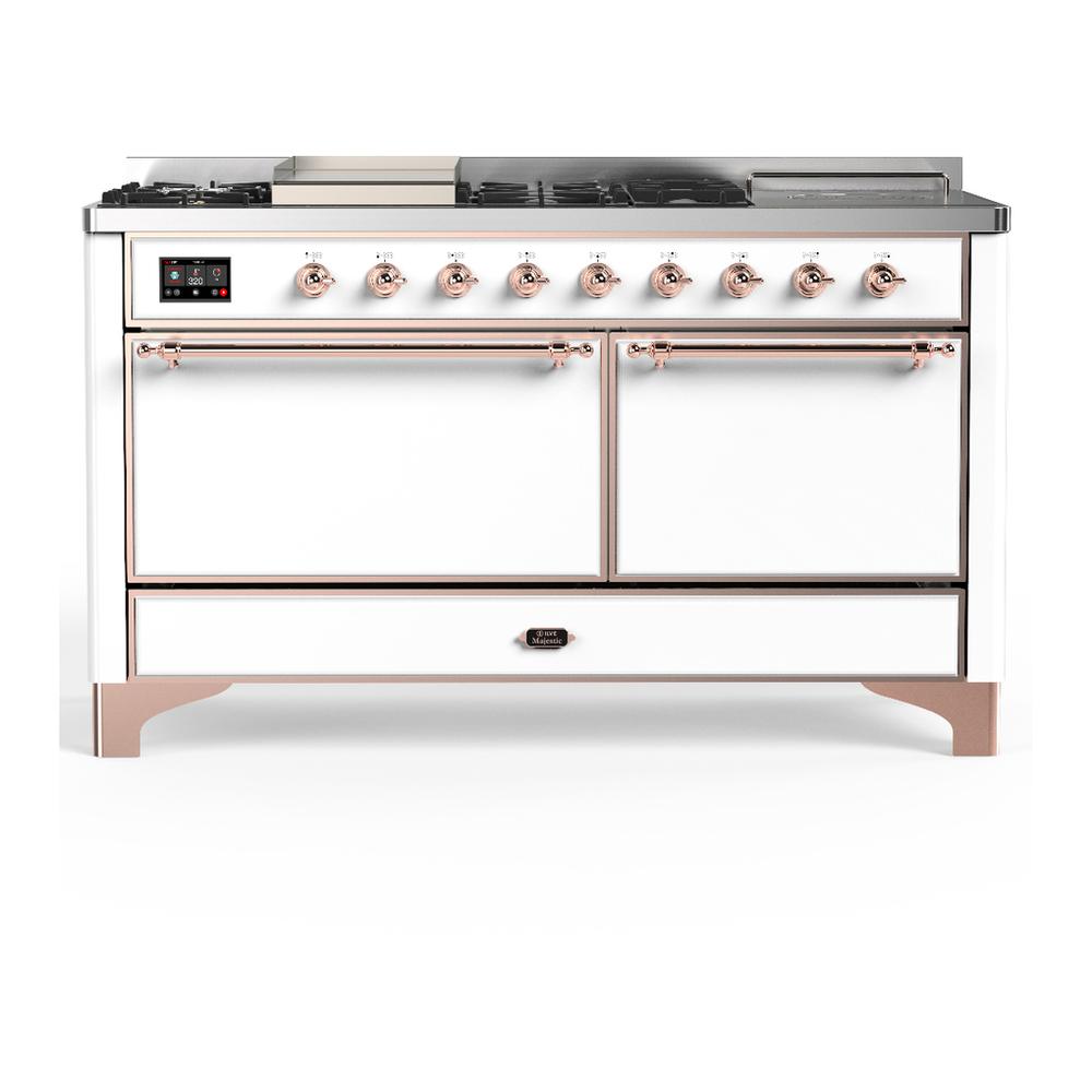 Ilve UM60FSQNR3WHP Ilve Um60Fsqnr3Whp Majestic Iii 60 Inch Dual Fuel Range With 7 Burners, Griddle And French Top, Dual Function Burner With Up To 25,000 Btu (Natural Gas, Solid Door, White, Copper)