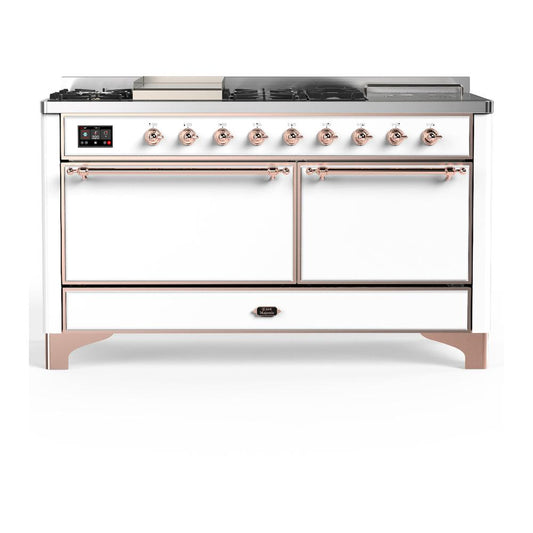 Ilve UM60FSQNR3WHP Ilve Um60Fsqnr3Whp Majestic Iii 60 Inch Dual Fuel Range With 7 Burners, Griddle And French Top, Dual Function Burner With Up To 25,000 Btu (Natural Gas, Solid Door, White, Copper)
