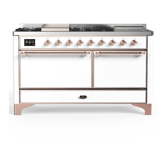 Ilve UM60FSQNR3WHP Ilve Um60Fsqnr3Whp Majestic Iii 60 Inch Dual Fuel Range With 7 Burners, Griddle And French Top, Dual Function Burner With Up To 25,000 Btu (Natural Gas, Solid Door, White, Copper)