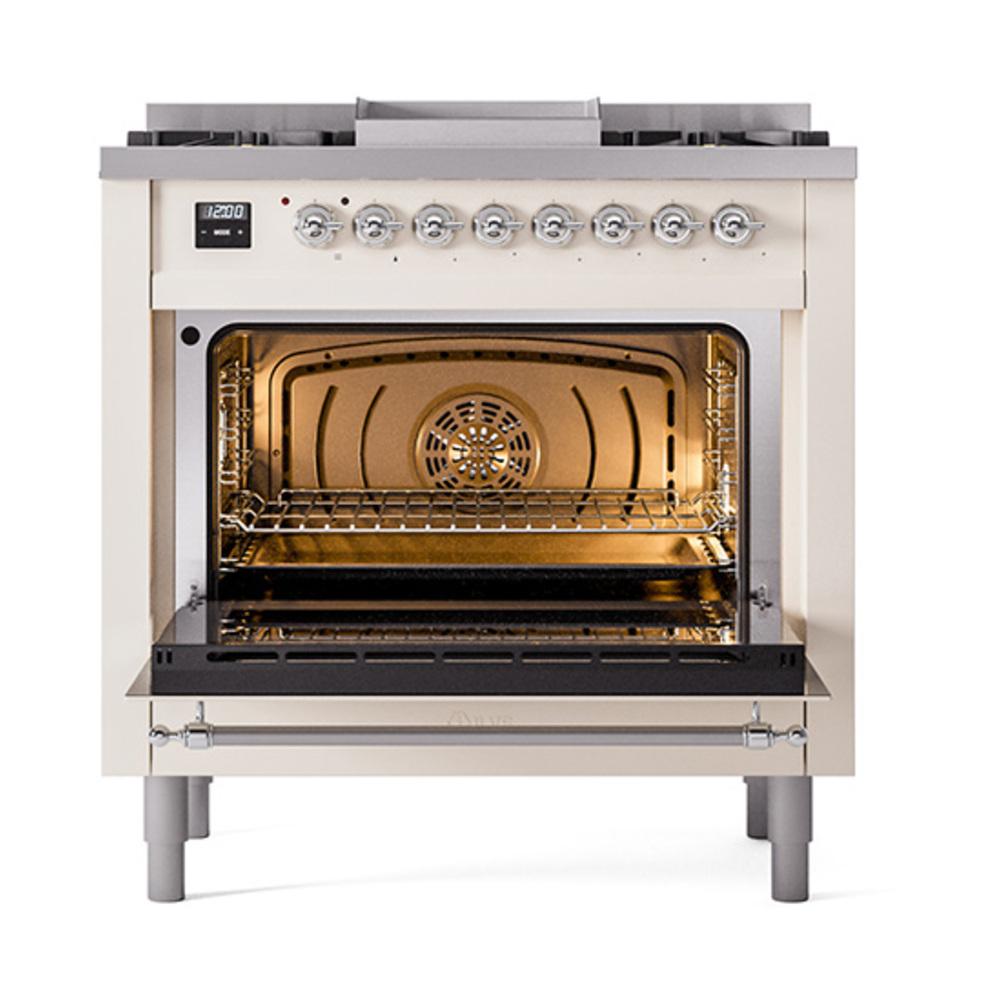Ilve UN36FNMPAWC Ilve Un36Fnmpawc Nostalgie Ii Noblesse 36" Dual Fuel Range (Natural Gas, Triple Glass Door, Antique White, Chrome)