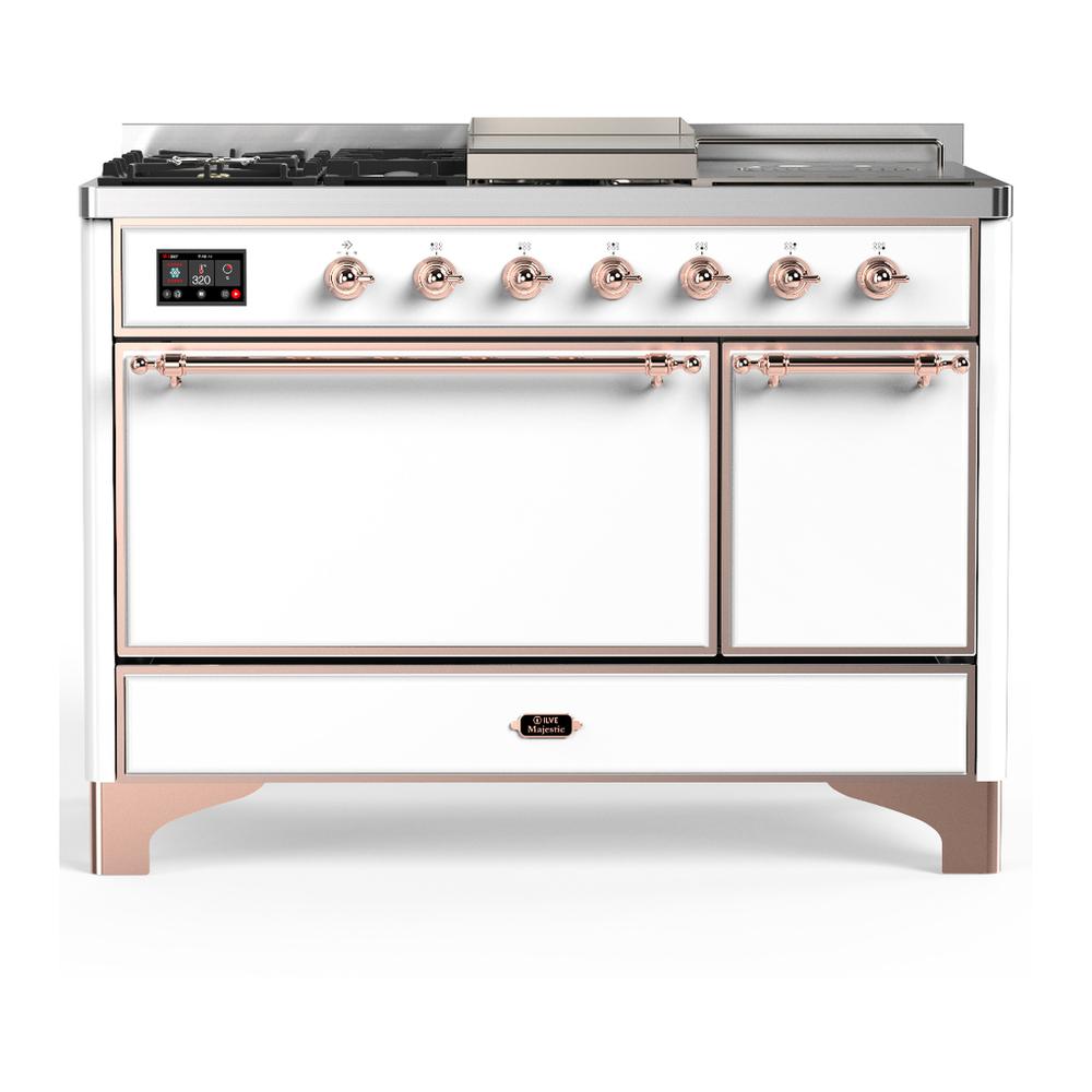 Ilve UM48FSQNR3WHPLP Ilve Um48Fsqnr3Whplp Majestic Iii 48 Inch Dual Fuel Range With 5 Black Brass Burners, Griddle And French Top, Dual Function Burner Up To 25,000 Btu (Liquid Propane, Solid Door, White, Copper)