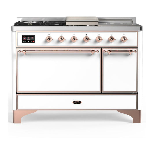 Ilve UM48FSQNR3WHPLP Ilve Um48Fsqnr3Whplp Majestic Iii 48 Inch Dual Fuel Range With 5 Black Brass Burners, Griddle And French Top, Dual Function Burner Up To 25,000 Btu (Liquid Propane, Solid Door, White, Copper)