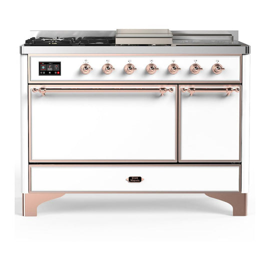 Ilve UM48FSQNR3WHPLP Ilve Um48Fsqnr3Whplp Majestic Iii 48 Inch Dual Fuel Range With 5 Black Brass Burners, Griddle And French Top, Dual Function Burner Up To 25,000 Btu (Liquid Propane, Solid Door, White, Copper)
