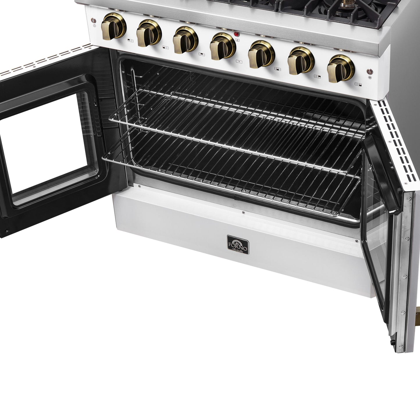Forno FFSGS644436WHT Forno Galiano 36-Inch French Door Gas Range White And Antique Brass Design, 6 Sealed Burners 83,000 Btu, 5.36 Cu.Ft. Convection Oven