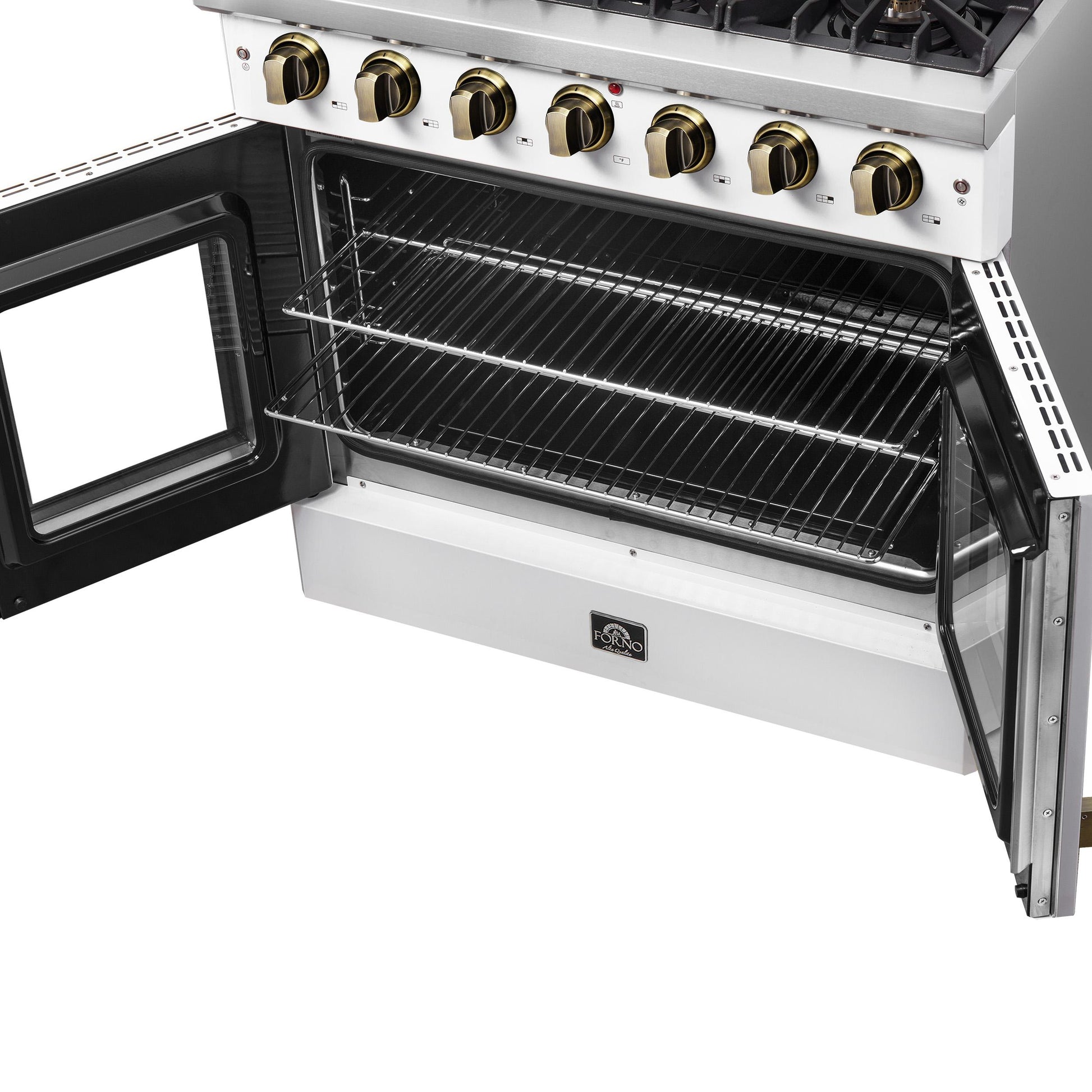 Forno FFSGS644436WHT Forno Galiano 36-Inch French Door Gas Range White And Antique Brass Design, 6 Sealed Burners 83,000 Btu, 5.36 Cu.Ft. Convection Oven