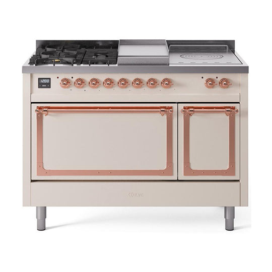 Ilve UN48FSQNMPAWP Ilve Un48Fsqnmpawp Nostalgie Ii Noblesse 48" Dual Fuel Range (5 Sealed Burners + Griddle + French Top, Natural Gas, Solid Door, Antique White, Copper)