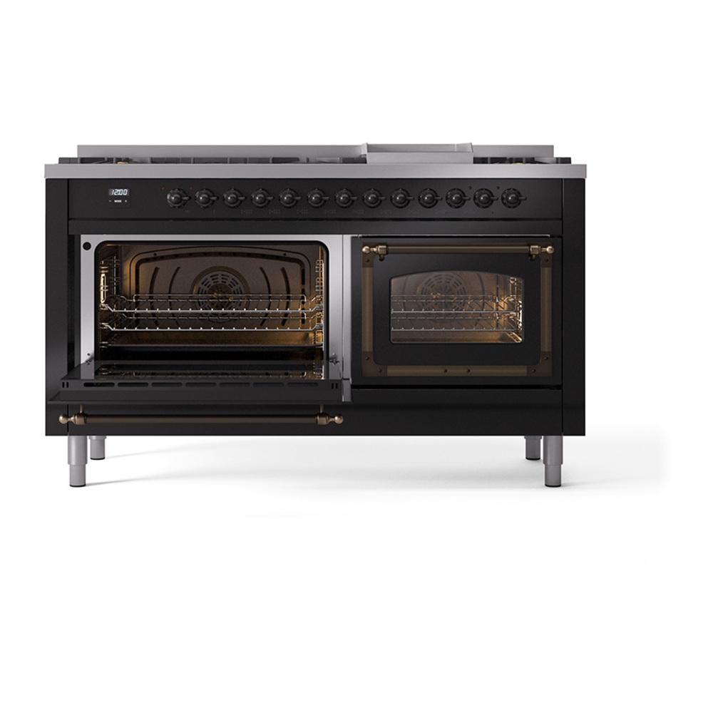 Ilve UN60FNMPBKBLP Ilve Un60Fnmpbkblp Nostalgie Ii Noblesse 60" Dual Fuel Range (9 Sealed Burners + Griddle, Liquid Propane, Triple Glass Door, Glossy Black, Burnished)