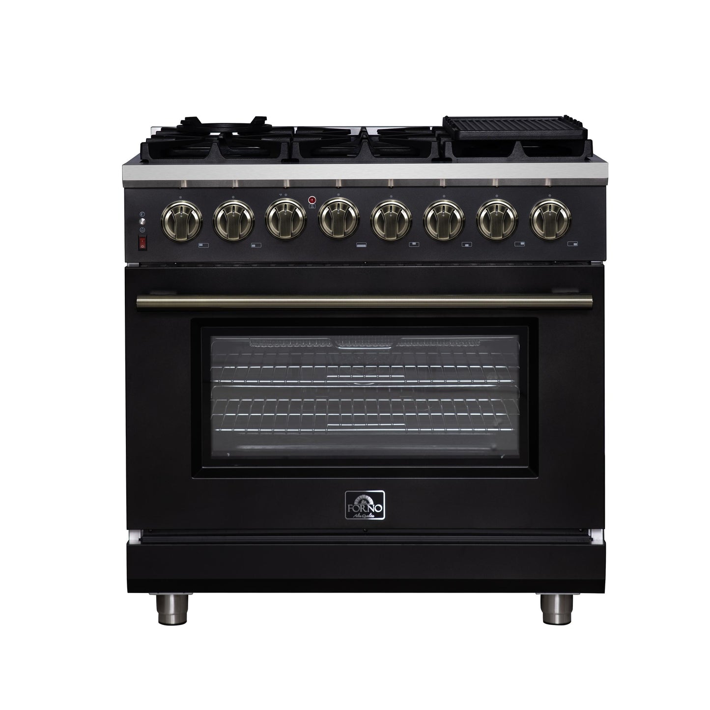 Forno FFSGS612536BLK Forno Massimo 36 Inch Freestanding Dual Fuel Range In Black With Antique Brass Accessories, 6 Burners, 5.36 Cu. Ft. Convection Oven