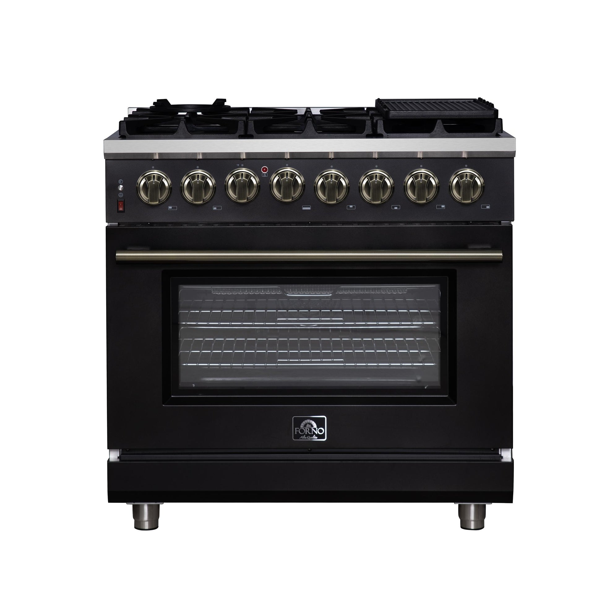 Forno FFSGS612536BLK Forno Massimo 36 Inch Freestanding Dual Fuel Range In Black With Antique Brass Accessories, 6 Burners, 5.36 Cu. Ft. Convection Oven