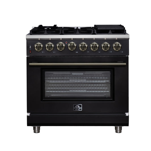 Forno FFSGS612536BLK Forno Massimo 36 Inch Freestanding Dual Fuel Range In Black With Antique Brass Accessories, 6 Burners, 5.36 Cu. Ft. Convection Oven
