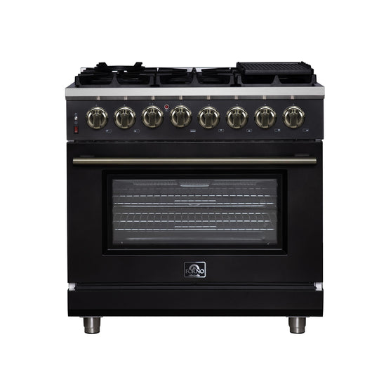 Forno FFSGS612536BLK Forno Massimo 36 Inch Freestanding Dual Fuel Range In Black With Antique Brass Accessories, 6 Burners, 5.36 Cu. Ft. Convection Oven