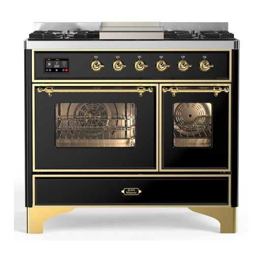 Ilve UMD40FNR3BKG Ilve Umd40Fnr3Bkg Majestic Iii 40 Inch Dual Fuel Range With 6 Burners And Griddle, Dual Function Burner Up To 25,000 Btu (Natural Gas, Triple Glass Door, Glossy Black, Brass)