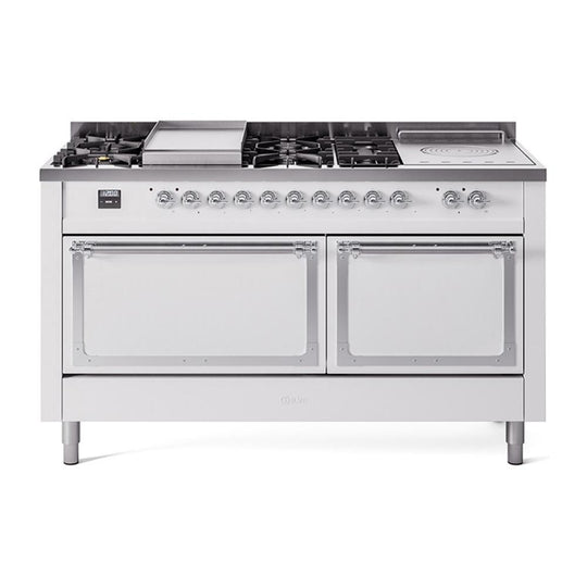 Ilve UN60FSQNMPWHCLP Ilve Un60Fsqnmpwhclp Nostalgie Ii Noblesse 60" Dual Fuel Range (7 Sealed Burners + Griddle + French Top, Liquid Propane, Solid Door, White, Chrome)