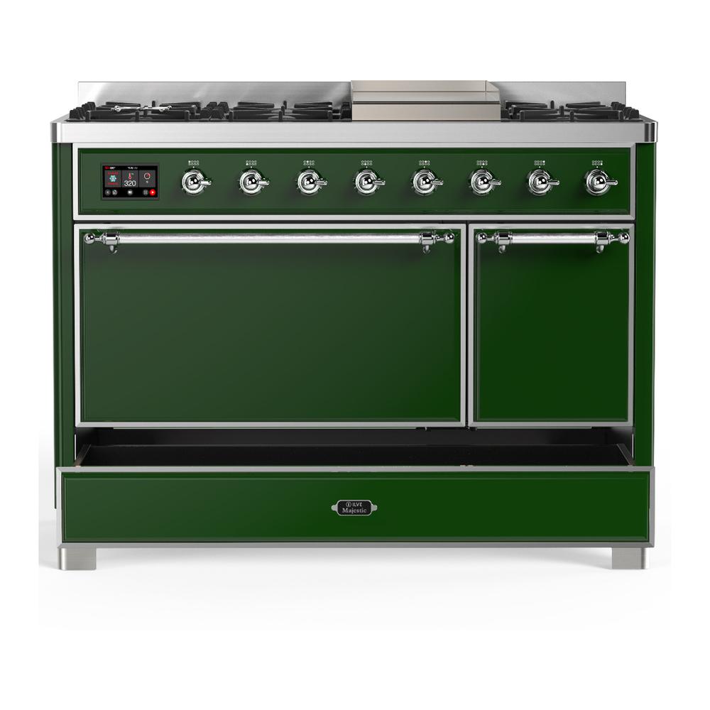 Ilve UM48FQNR3EGC Ilve Um48Fqnr3Egc Majestic Iii 48 Inch Dual Fuel Range With 8 Burners And Griddle, Dual Function Burner Up To 25,000 Btu (Natural Gas, Solid Door, Emerald Green, Chrome)