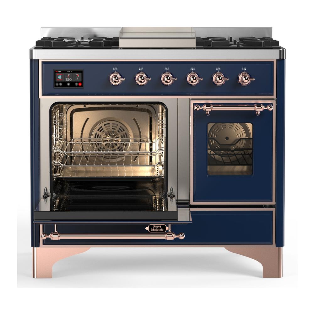 Ilve UMD40FNR3MBPLP Ilve Umd40Fnr3Mbplp Majestic Iii 40 Inch Dual Fuel Range With 6 Burners And Griddle, Dual Function Burner Up To 25,000 Btu (Liquid Propane, Triple Glass Door, Midnight Blue, Copper)