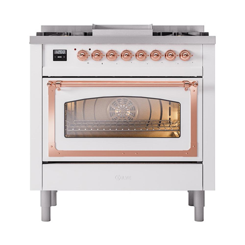 Ilve UN36FNMPWHPLP Ilve Un36Fnmpwhplp Nostalgie Ii Noblesse 36" Dual Fuel Range (Liquid Propane, Triple Glass Door, White, Copper)