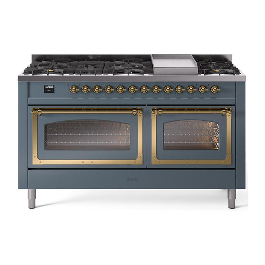 Ilve UN60FNMPBGG Ilve Un60Fnmpbgg Nostalgie Ii Noblesse 60" Dual Fuel Range (9 Sealed Burners + Griddle, Natural Gas, Triple Glass Door, Blue Grey, Brass)
