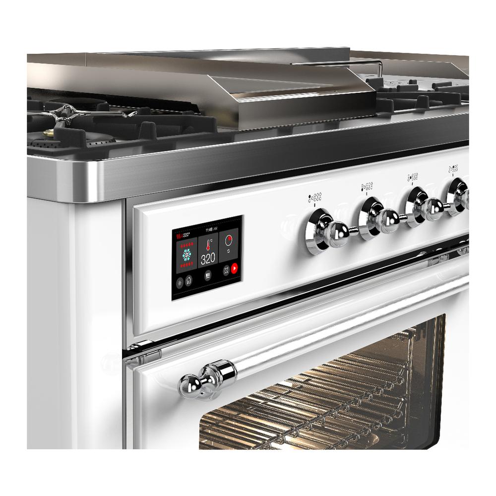 Ilve UM60FSNR3WHCLP Ilve Um60Fsnr3Whclp Majestic Iii 60 Inch Dual Fuel Range With 7 Burners, Griddle And French Top, Dual Function Burner With Up To 25,000 Btu (Liquid Propane, Triple Glass Door, White, Chrome)
