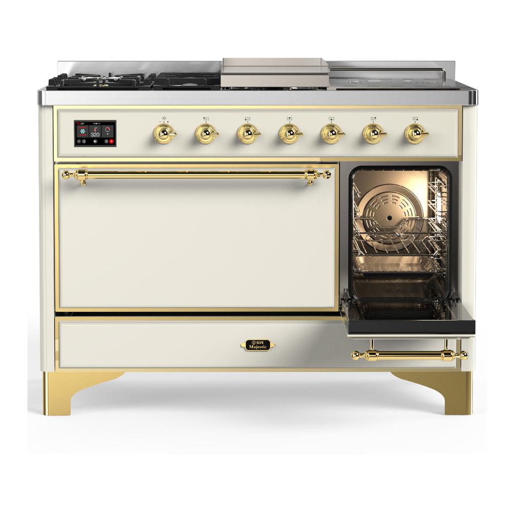 Ilve UM48FSQNR3AWGLP Ilve Um48Fsqnr3Awglp Majestic Iii 48 Inch Dual Fuel Range With 5 Black Brass Burners, Griddle And French Top, Dual Function Burner Up To 25,000 Btu (Liquid Propane, Solid Door, Antique White, Brass)