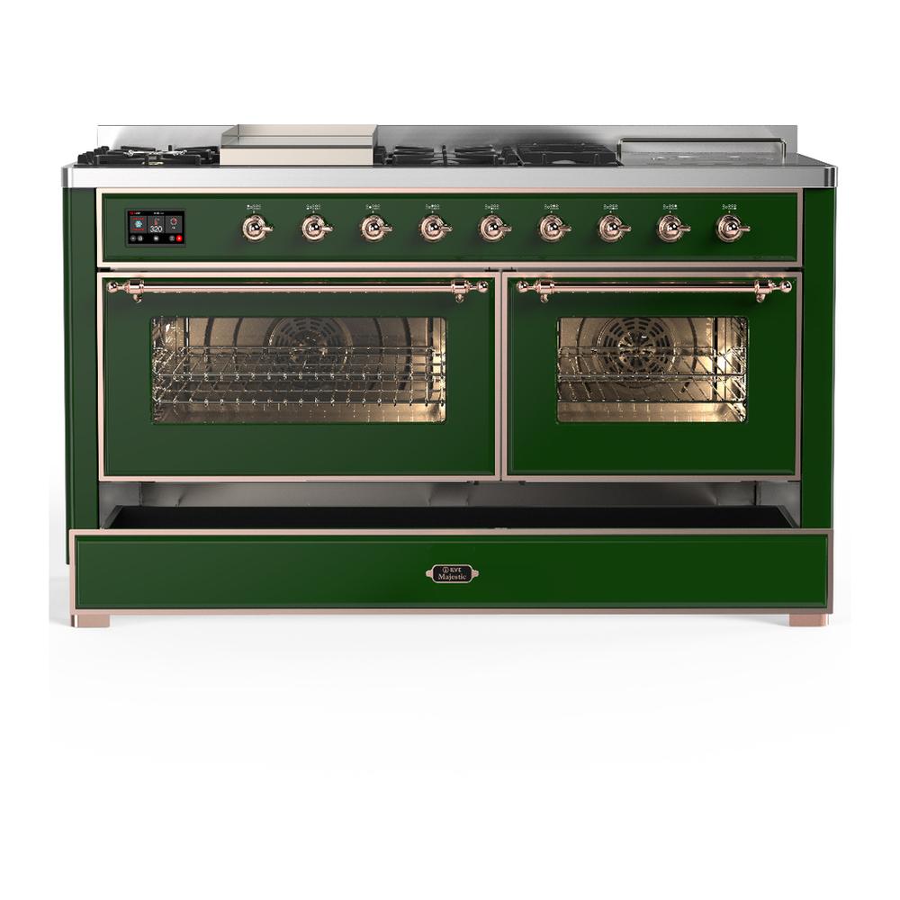 Ilve UM60FSNR3EGPLP Ilve Um60Fsnr3Egplp Majestic Iii 60 Inch Dual Fuel Range With 7 Burners, Griddle And French Top, Dual Function Burner With Up To 25,000 Btu (Liquid Propane, Triple Glass Door, Emerald Green, Copper)