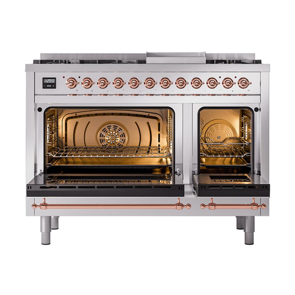 Ilve UN48FNMPSSP Ilve Un48Fnmpssp Nostalgie Ii Noblesse 48" Dual Fuel Range (8 Sealed Burners + Griddle, Natural Gas, Triple Glass Door, Stainless Steel, Copper)