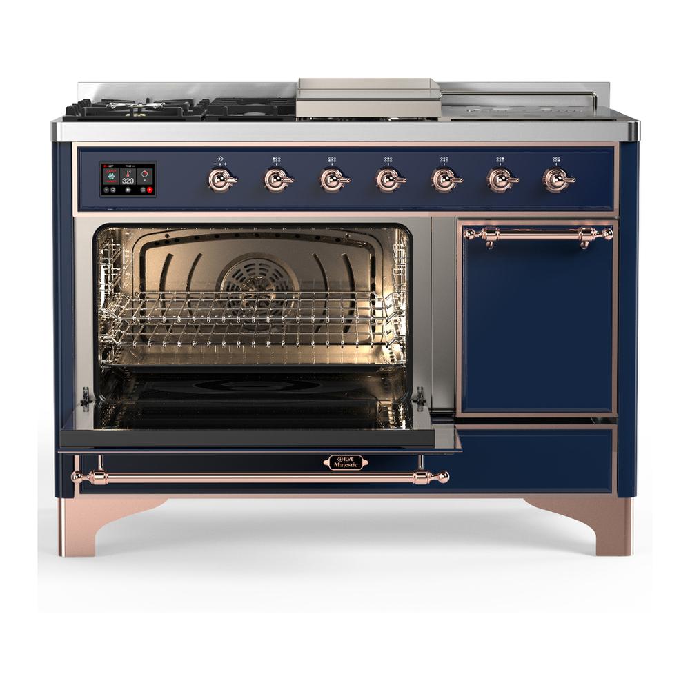 Ilve UM48FSQNR3MBPLP Ilve Um48Fsqnr3Mbplp Majestic Iii 48 Inch Dual Fuel Range With 5 Black Brass Burners, Griddle And French Top, Dual Function Burner Up To 25,000 Btu (Liquid Propane, Solid Door, Midnight Blue, Copper)