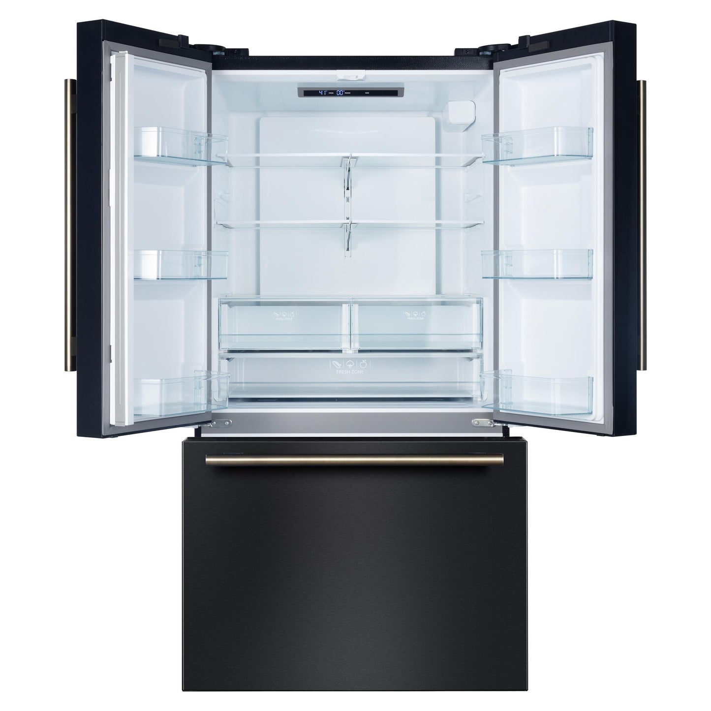 Forno FFFFD178336BLK Forno Rivello 36 Inch French Door Refrigerator In Black With Antique Brass, Internal Water Dispenser, Filtered Ice, Adjustable Shelves, Energy Star Certified