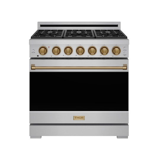 Thor Kitchen RSG36PBRZ 36 Inch Professional Gas Range With Precision Knob In Stainless Steel And Bronze Gordon Ramsay Series