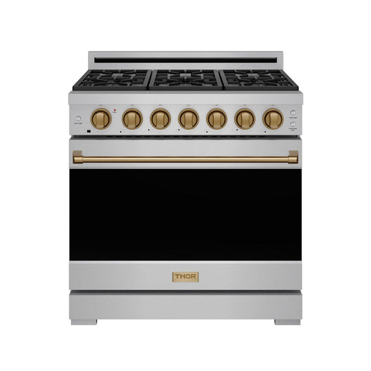 Thor Kitchen RSG36PBRZ 36 Inch Professional Gas Range With Precision Knob In Stainless Steel And Bronze Gordon Ramsay Series
