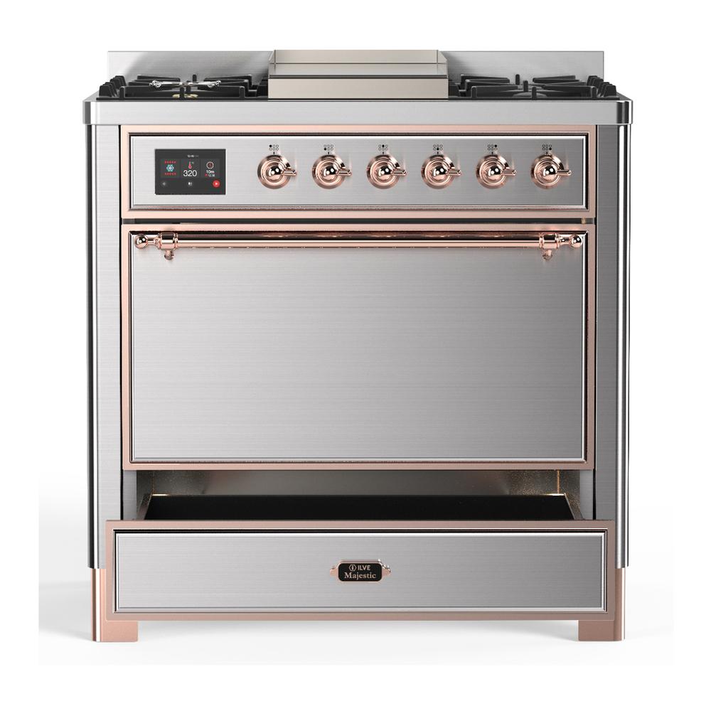 Ilve UM36FQNR3SSPLP Ilve Um36Fqnr3Ssplp Majestic Iii 36 Inch Dual Fuel Range With 6 Black Brass Burners And Griddle, Dual Function Burner Up To 25,000 Btu (Solid Door, Stainless Steel, Copper, Liquid Propane)