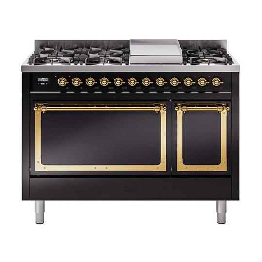Ilve UN48FQNMPBKGLP Ilve Un48Fqnmpbkglp Nostalgie Ii Noblesse 48" Dual Fuel Range (8 Sealed Burners + Griddle, Liquid Propane, Solid Door, Glossy Black, Brass)
