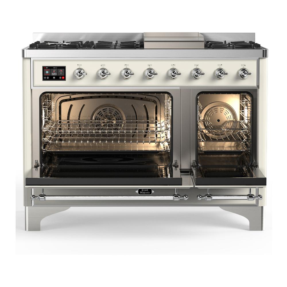 Ilve UM48FQNR3AWCLP Ilve Um48Fqnr3Awclp Majestic Iii 48 Inch Dual Fuel Range With 8 Burners And Griddle, Dual Function Burner Up To 25,000 Btu (Liquid Propane, Solid Door, Antique White, Chrome)