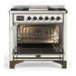 Ilve UM36FQNR3AWBLP Ilve Um36Fqnr3Awblp Majestic Iii 36 Inch Dual Fuel Range With 6 Black Brass Burners And Griddle, Dual Function Burner Up To 25,000 Btu (Solid Door, Antique White, Burnished, Liquid Propane)