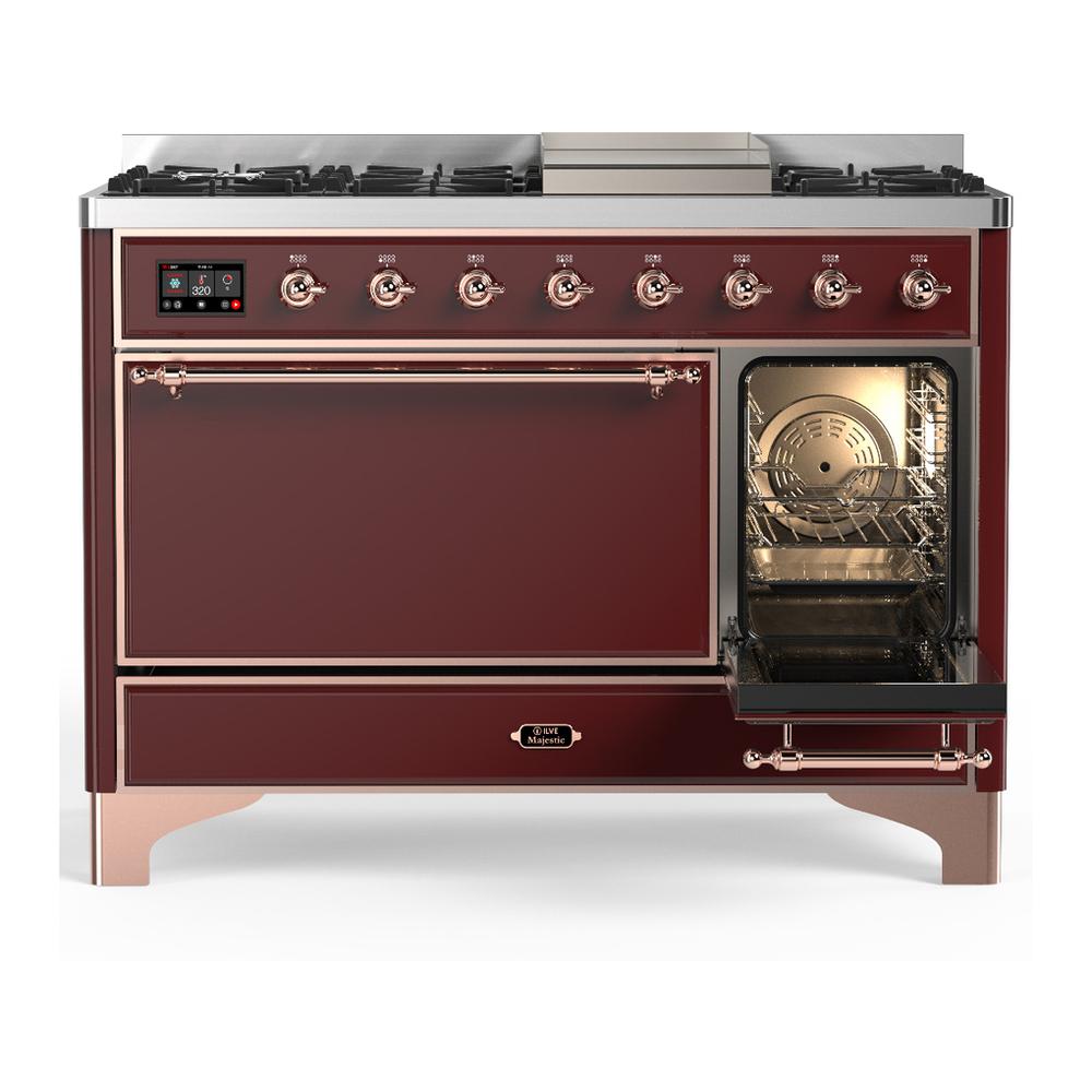 Ilve UM48FQNR3BUPLP Ilve Um48Fqnr3Buplp Majestic Iii 48 Inch Dual Fuel Range With 8 Burners And Griddle, Dual Function Burner Up To 25,000 Btu (Liquid Propane, Solid Door, Burgundy, Copper)