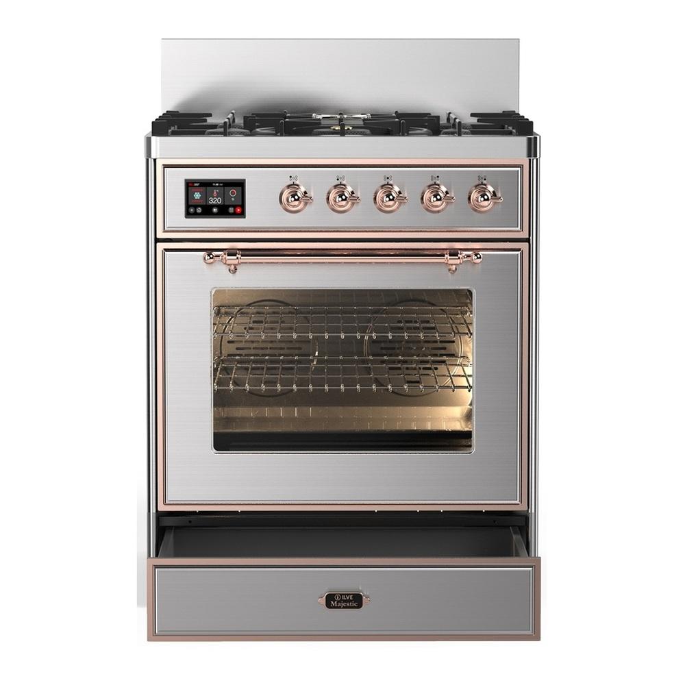 Ilve UM30NR3SSP Ilve Um30Nr3Ssp Majestic Iii 30 Inch Dual Fuel Range With 5 Black Brass Burners, Dual Function Burner Up To 25,000 Btu (Natural Gas, Triple Glass Door, Stainless Steel, Copper)