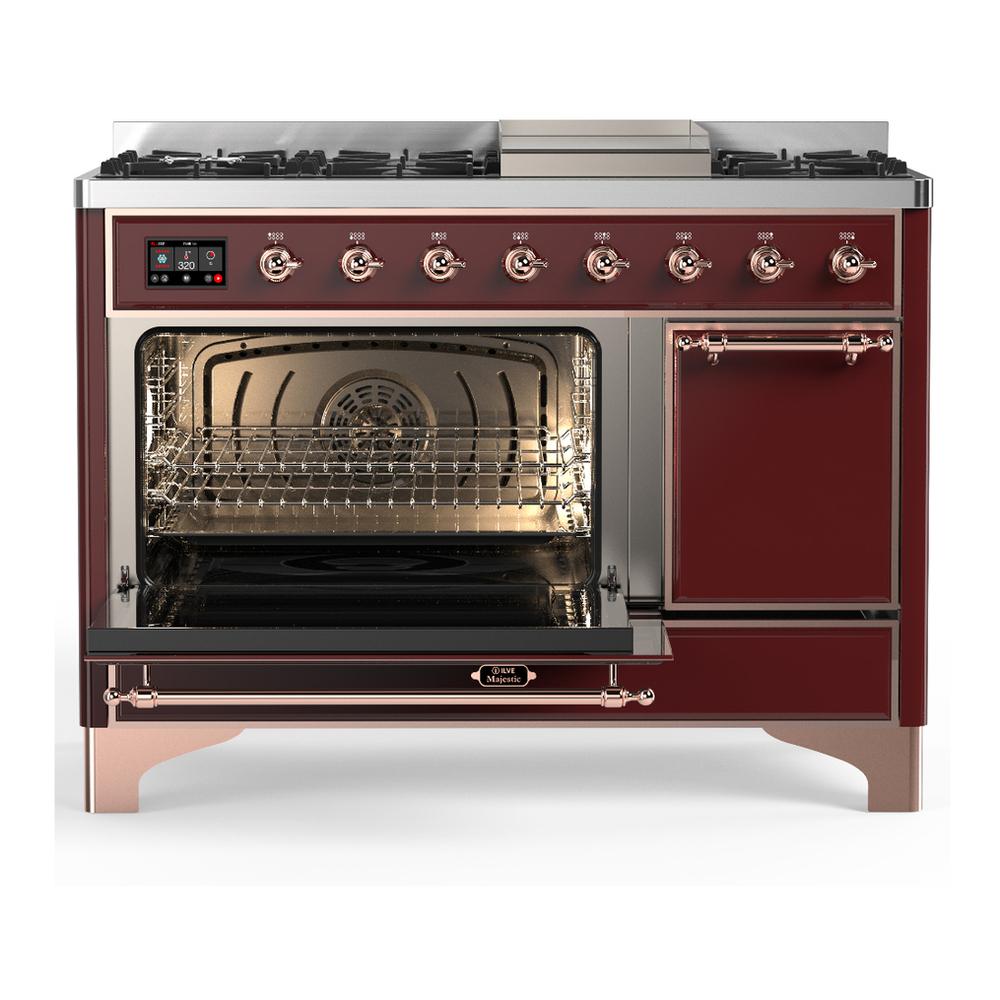 Ilve UM48FQNR3BUP Ilve Um48Fqnr3Bup Majestic Iii 48 Inch Dual Fuel Range With 8 Burners And Griddle, Dual Function Burner Up To 25,000 Btu (Natural Gas, Solid Door, Burgundy, Copper)