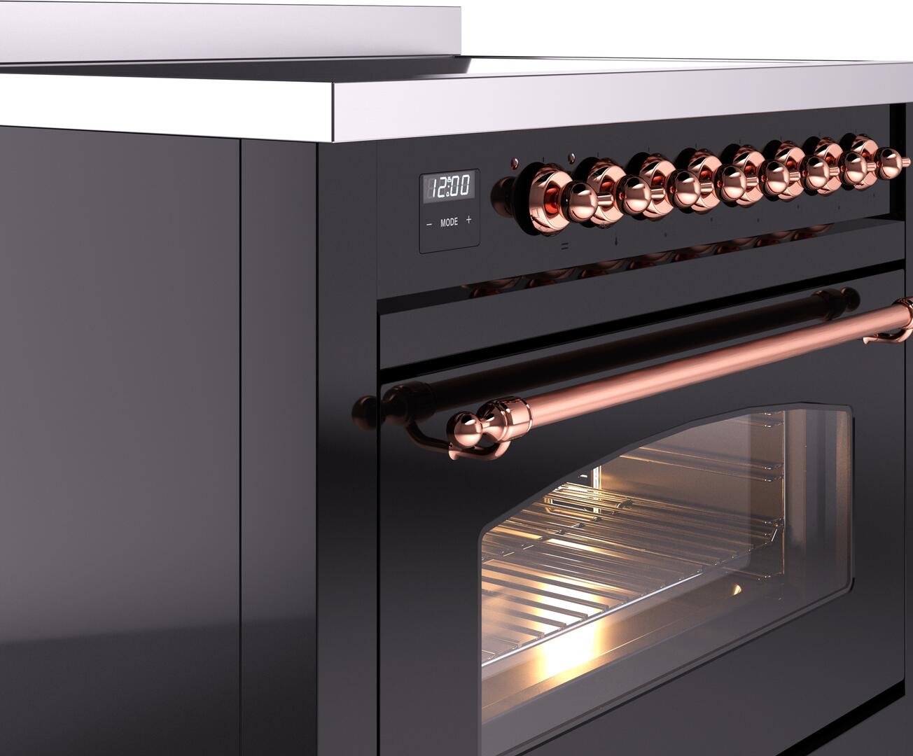Ilve UPI366NMPBKP Nostalgie Ii 36 Inch Electric Freestanding Range In Glossy Black With Copper Trim