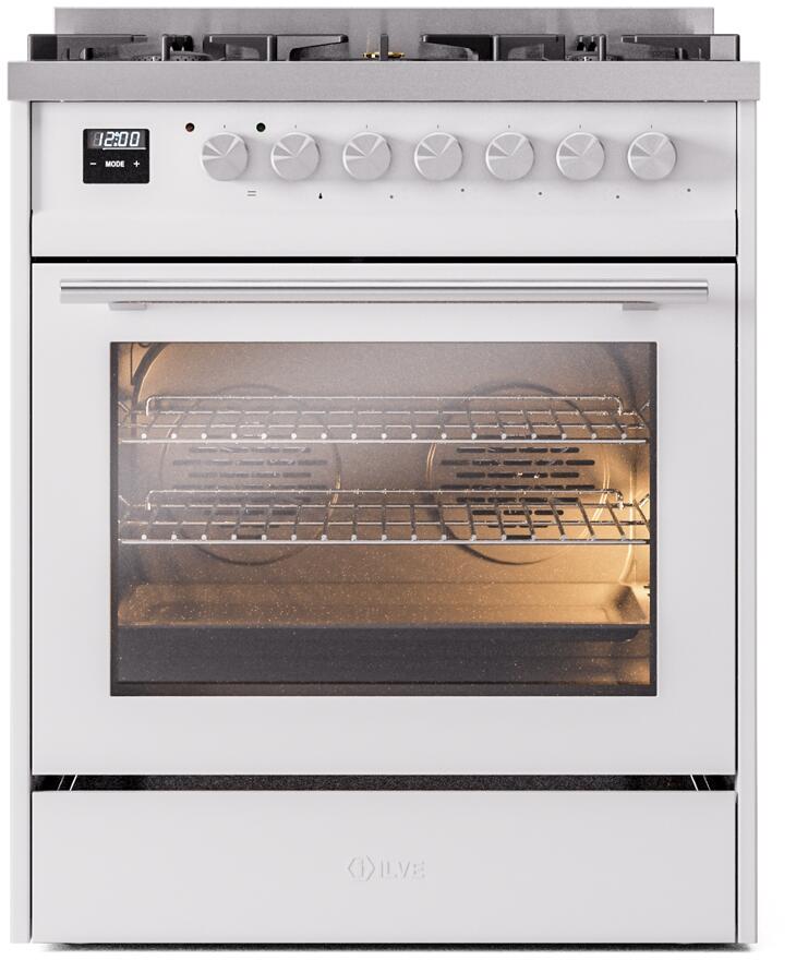 Ilve UP30WMPWHLP Professional Plus Ii 30 Inch Dual Fuel Liquid Propane Freestanding Range In White With Trim