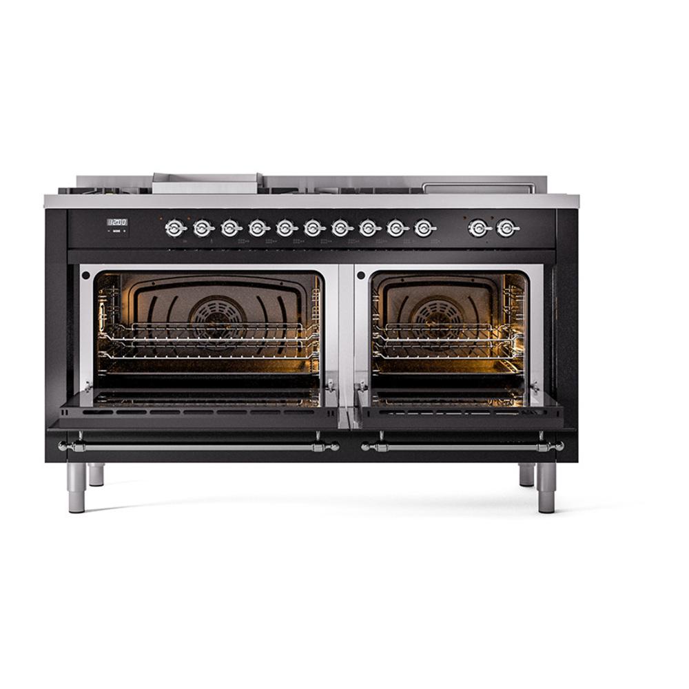 Ilve UN60FSNMPBKCLP Ilve Un60Fsnmpbkclp Nostalgie Ii Noblesse 60" Dual Fuel Range (7 Sealed Burners + Griddle + French Top, Liquid Propane, Triple Glass Door, Glossy Black, Chrome)
