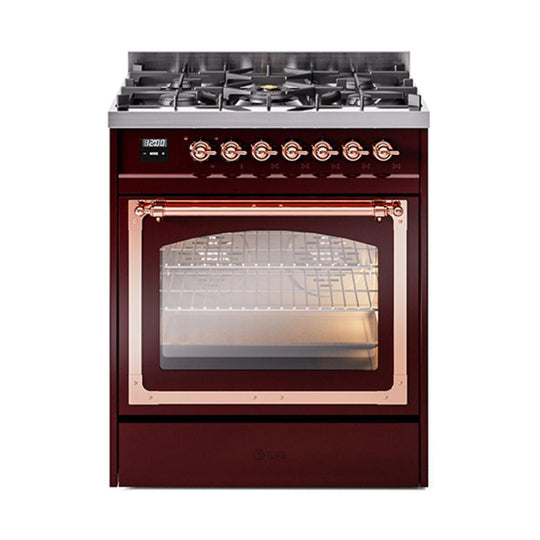 Ilve UN30NMPBUP Ilve Un30Nmpbup Nostalgie Ii Noblesse 30" Dual Fuel Range (Natural Gas, Triple Glass Door, Burgundy, Copper)