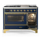 Ilve UM48FNR3MBG Ilve Um48Fnr3Mbg Majestic Iii 48 Inch Dual Fuel Range With 8 Burners And Griddle, Dual Function Burner Up To 25,000 Btu (Natural Gas, Triple Glass Door, Midnight Blue, Brass)