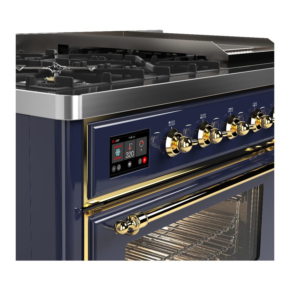 Ilve UM48FNR3MBG Ilve Um48Fnr3Mbg Majestic Iii 48 Inch Dual Fuel Range With 8 Burners And Griddle, Dual Function Burner Up To 25,000 Btu (Natural Gas, Triple Glass Door, Midnight Blue, Brass)