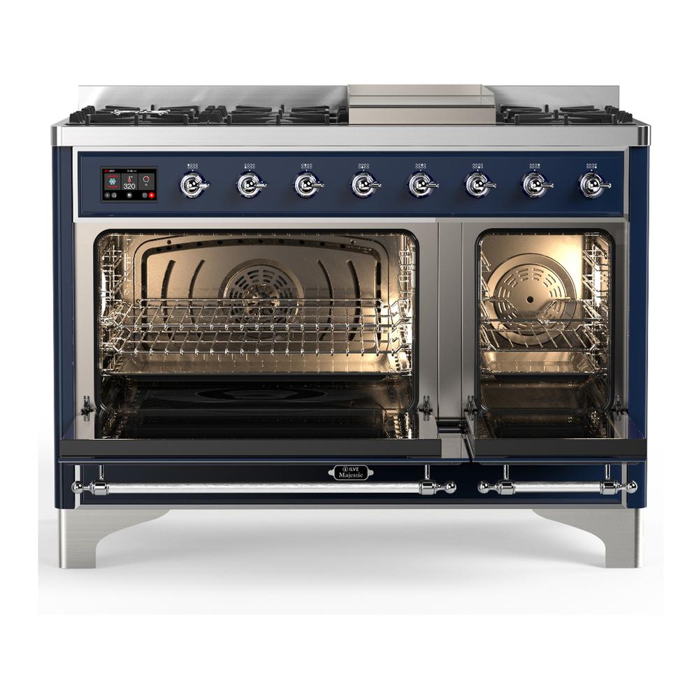 Ilve UM48FQNR3MBC Ilve Um48Fqnr3Mbc Majestic Iii 48 Inch Dual Fuel Range With 8 Burners And Griddle, Dual Function Burner Up To 25,000 Btu (Natural Gas, Solid Door, Midnight Blue, Chrome)