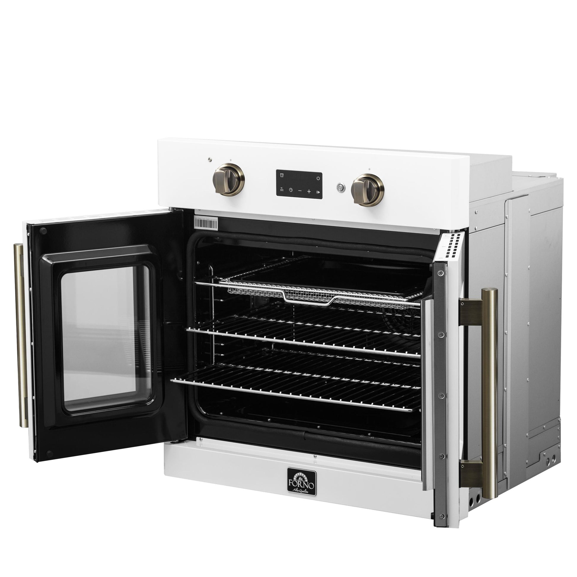 Forno FBOEL133330WHT Forno Asti 30-Inch French Door Electric Wall Oven In White & Antique Brass, 3.68 Cu. Ft. True Convection, 3,600W, Air Fry, Sous Vide, Self-Clean